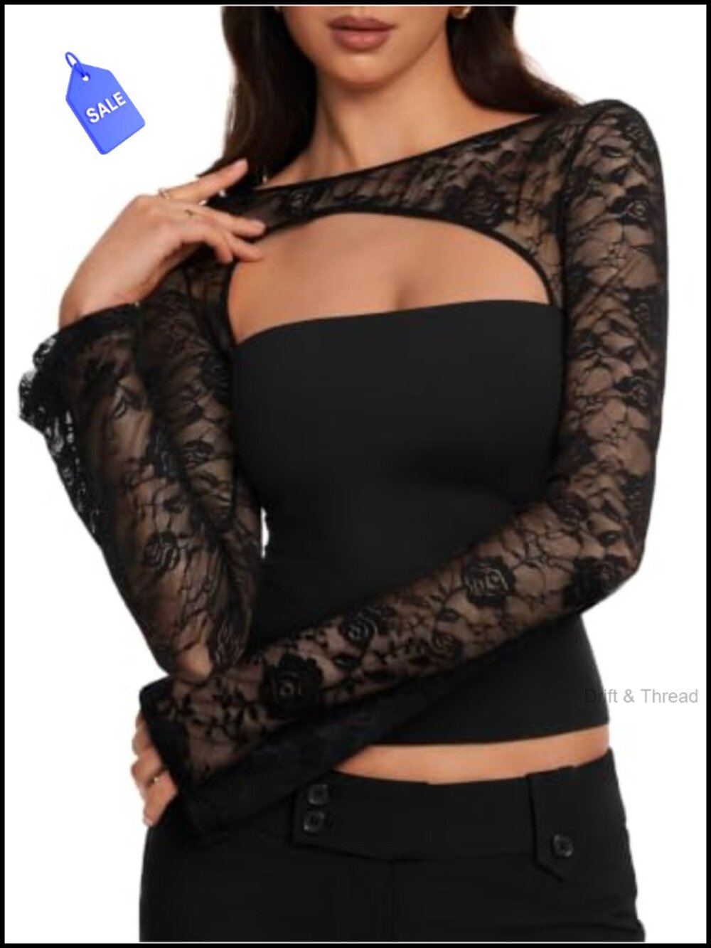 Women's Lace Going Out Top Long Sleeve Crew Neck Slim Fit Y2K Party Shirt - Picture 4 of 6